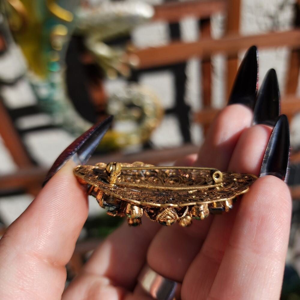 Vtg Made Germany Brooch Green Glass AB Rhinestone Gold Tone Filigree Pre 1949 - Picture 7 of 12